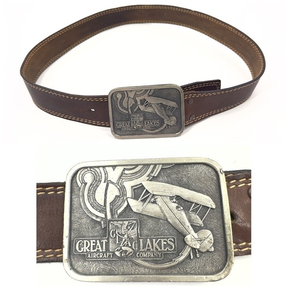 Great Lakes Aircraft Company Brown Leather Belt Mens 36 Bergamot Brass Work 1976 - Picture 1 of 11